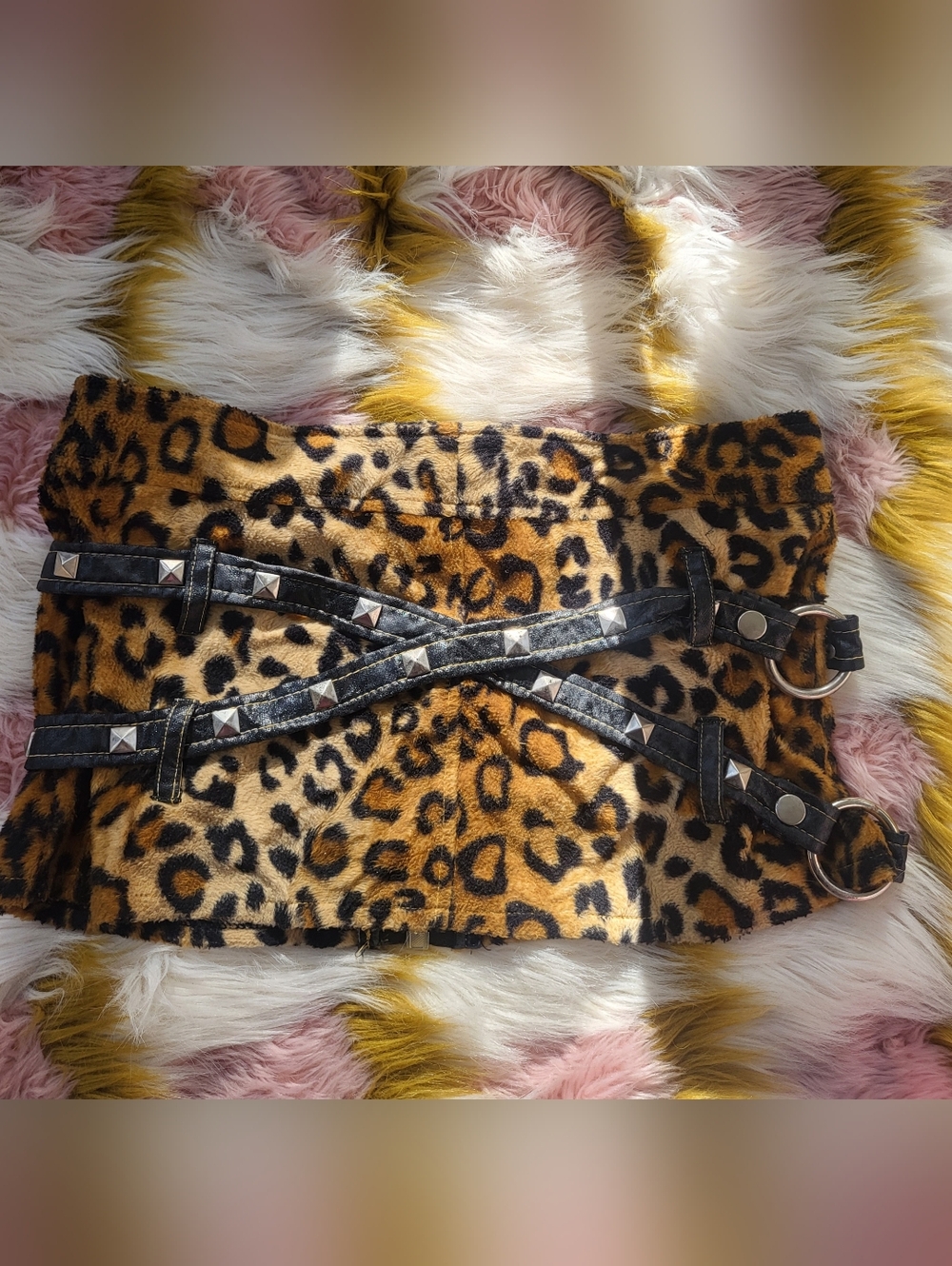 Lip Service Y2k Vintage Leopard Print Faux Fur Mini Skirt  Studded Black Straps